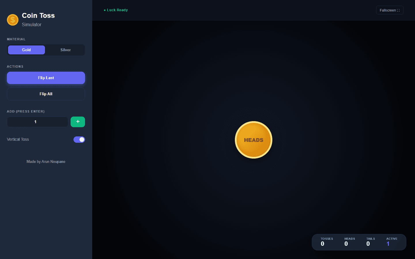 Coin Toss Simulator home screen